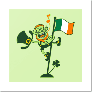 Saint Patrick's Day Leprechaun climbing an Irish flag pole and singing Posters and Art